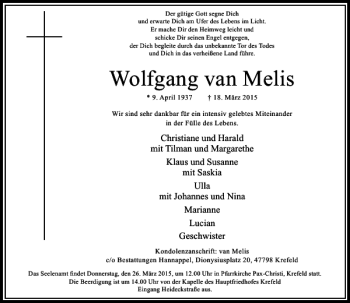 Traueranzeige von van Melis Wolfgang von Rheinische Post