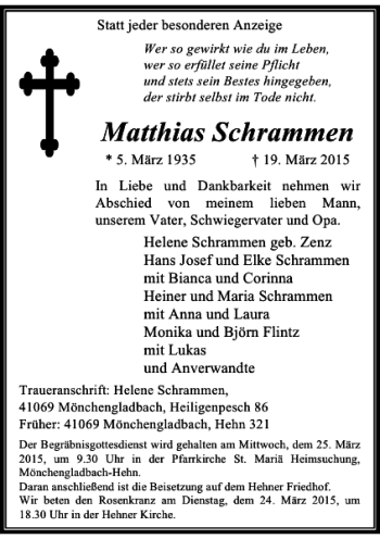 Traueranzeige von Schrammen Matthias von Rheinische Post