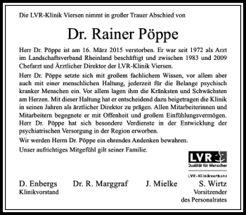 Traueranzeige von Rainer Pöppe Dr. von Rheinische Post