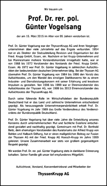 Traueranzeige von Dr. rer. pol. Günter Vogelsang Prof. von Rheinische Post