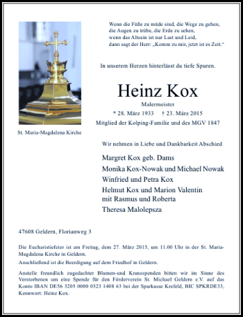 Traueranzeige von Kox Heinz von Rheinische Post