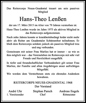 Traueranzeige von Lenßen Hans-Theo von Rheinische Post