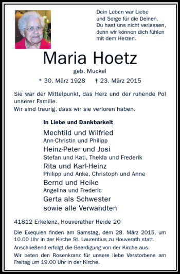 Traueranzeige von Hoetz Maria von Rheinische Post