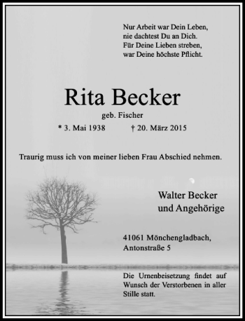 Traueranzeige von Becker Rita von Rheinische Post