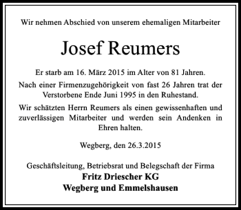 Traueranzeige von Reumers Josef von Rheinische Post