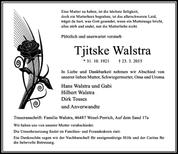 Traueranzeige von Walstra Tjitske von Rheinische Post
