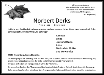Traueranzeige von Derks Norbert von Rheinische Post