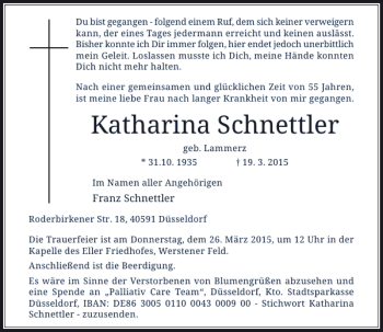 Traueranzeige von Schnettler Katharina von Rheinische Post