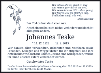 Traueranzeige von Teske Johannes von Rheinische Post