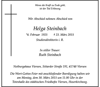 Traueranzeige von Steinbach Helga von Rheinische Post