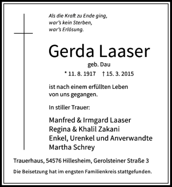 Traueranzeige von Laaser Gerda von Rheinische Post