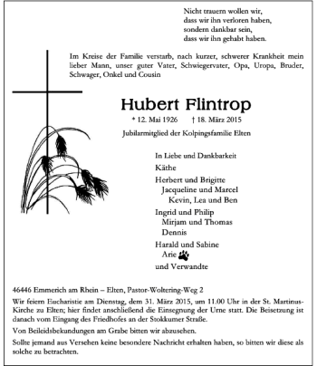 Traueranzeige von FFlintrop Hubert von Rheinische Post