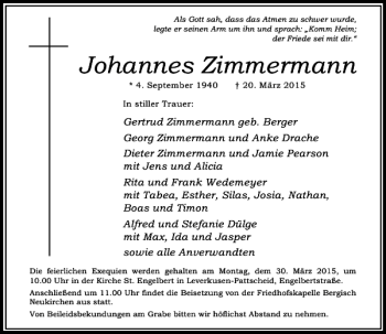 Traueranzeige von Zimmermann Johannes von Rheinische Post