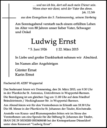 Traueranzeige von Ernst Ludwig von Rheinische Post