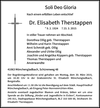 Traueranzeige von Elisabeth Therstappen Dr. von Rheinische Post