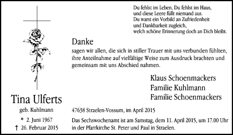  Traueranzeige für Ulferts Tina vom 04.04.2015 aus Rheinische Post