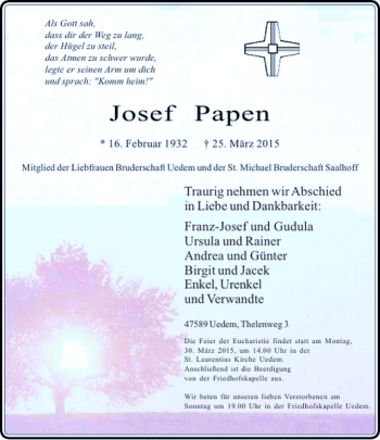 Traueranzeige von Papen Josef von Rheinische Post