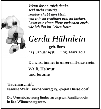 Traueranzeige von Hähnlein Gerda von Rheinische Post