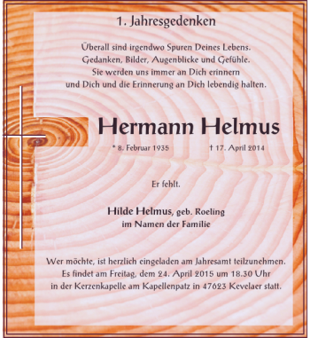 Traueranzeige von Helmus Hermann von Rheinische Post