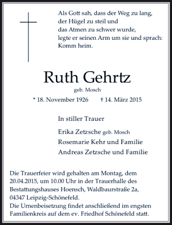 Traueranzeige von Gehrtz Ruth von Rheinische Post