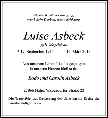 Traueranzeige von Asbeck geb. Mägdefrau Luise von Rheinische Post