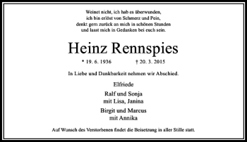 Traueranzeige von Rennspies Heinz von Rheinische Post