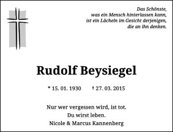 Traueranzeige von Beysiegel Rudolf von Rheinische Post