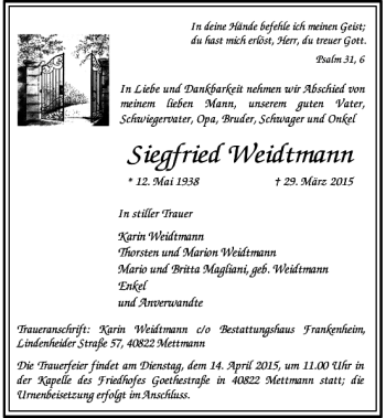 Traueranzeige von Weidtmann Siegfried von Rheinische Post