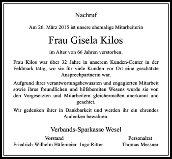 Traueranzeige von Gisela Kilos Frau von Rheinische Post