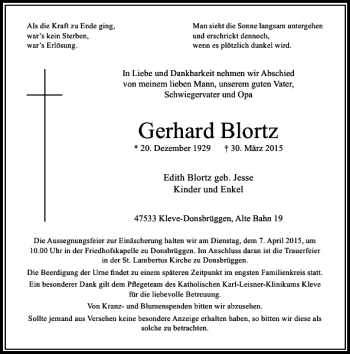Traueranzeige von Blortz Gerhard von Rheinische Post