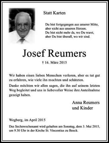Traueranzeige von Reumers Josef von Rheinische Post