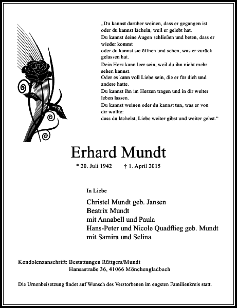  Traueranzeige für Mundt Erhard vom 04.04.2015 aus Rheinische Post