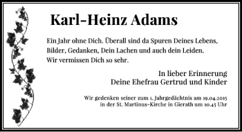 Traueranzeige von Adams Karl-Heinz von Rheinische Post