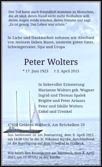 Traueranzeige von Wolters Peter von Rheinische Post