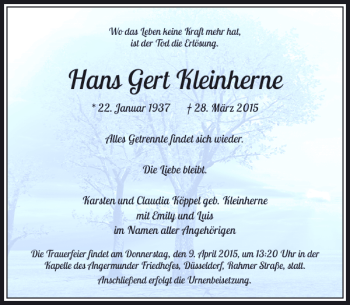 Traueranzeige von Gert Kleinherne Hans von Rheinische Post