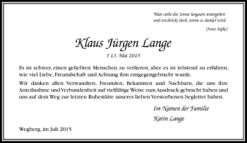 Traueranzeige von Klaus Jrgen Lange von Rheinische Post