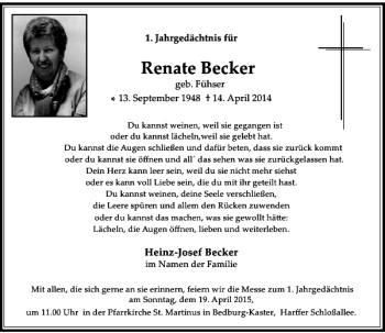 Traueranzeige von Becker Renate von Rheinische Post