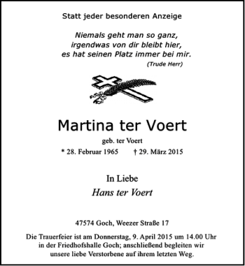 Traueranzeige von ter Voert Martina von Rheinische Post