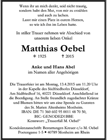 Traueranzeige von Oebel Matthias von Rheinische Post