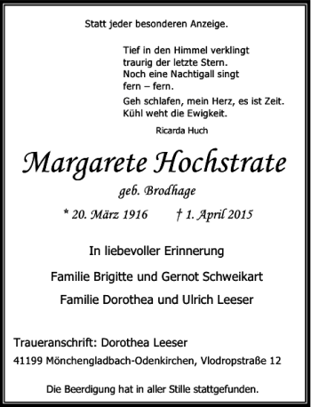 Traueranzeige von Hochstrate Margarete von Rheinische Post