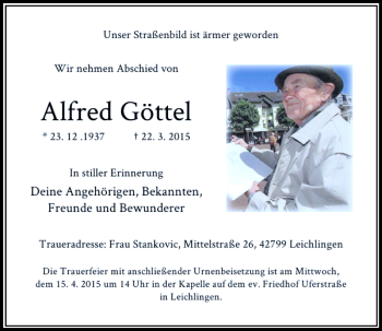 Traueranzeige von Göttel Alfred von Rheinische Post