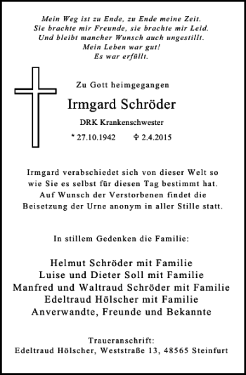 Traueranzeige von Schröder Irmgard von Rheinische Post