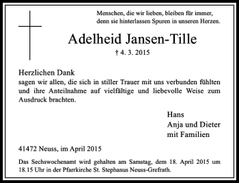 Traueranzeige von Jansen-Tille Adelheid von Rheinische Post