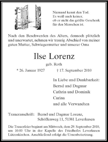 Traueranzeige von Ilse Lorenz von Rheinische Post