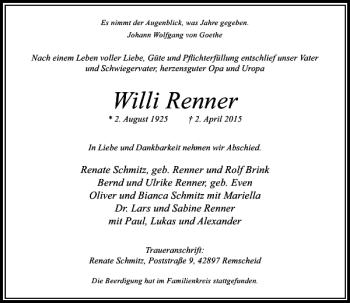 Traueranzeige von Renner Willi von Rheinische Post