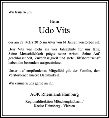 Traueranzeige von Vits Udo von Rheinische Post