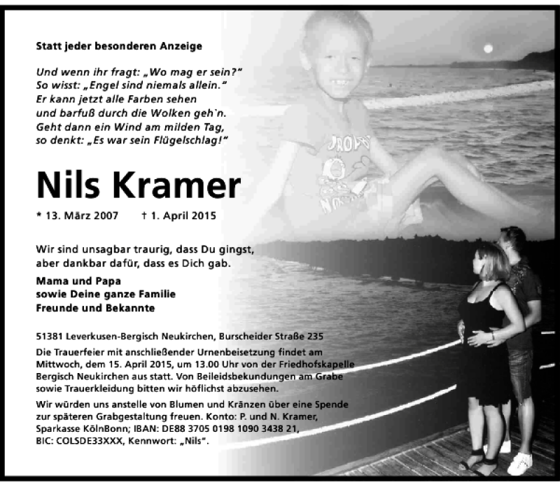  Traueranzeige für Kramer Nils vom 11.04.2015 aus Rheinische Post