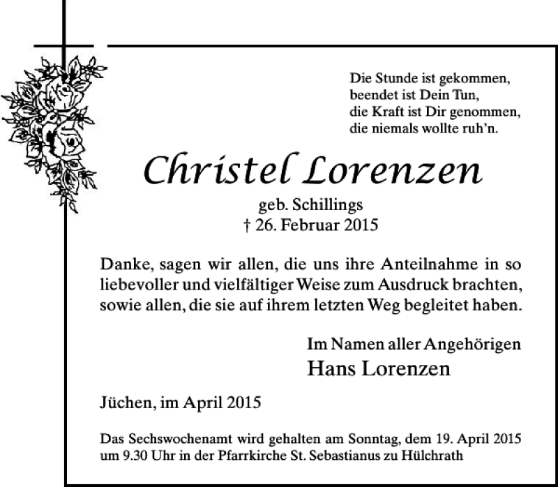  Traueranzeige für Lorenzen Christel vom 14.04.2015 aus Rheinische Post