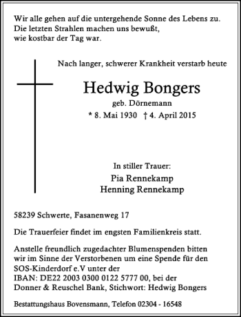 Traueranzeige von Bongers Hedwig von Rheinische Post