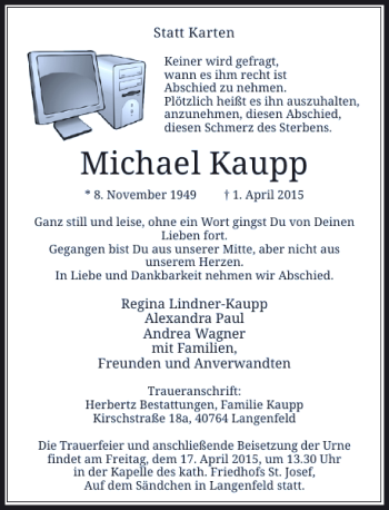 Traueranzeige von Kaupp Michael von Rheinische Post